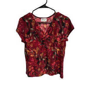 Claudia Richard Womens Red Floral Ruched Front V-Neck Short Sleeve Top Blouse
